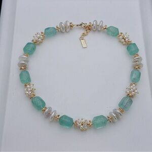 X737 Handmade Freshwater Baroque Pearl Green Quartz Flower Blossom Necklace